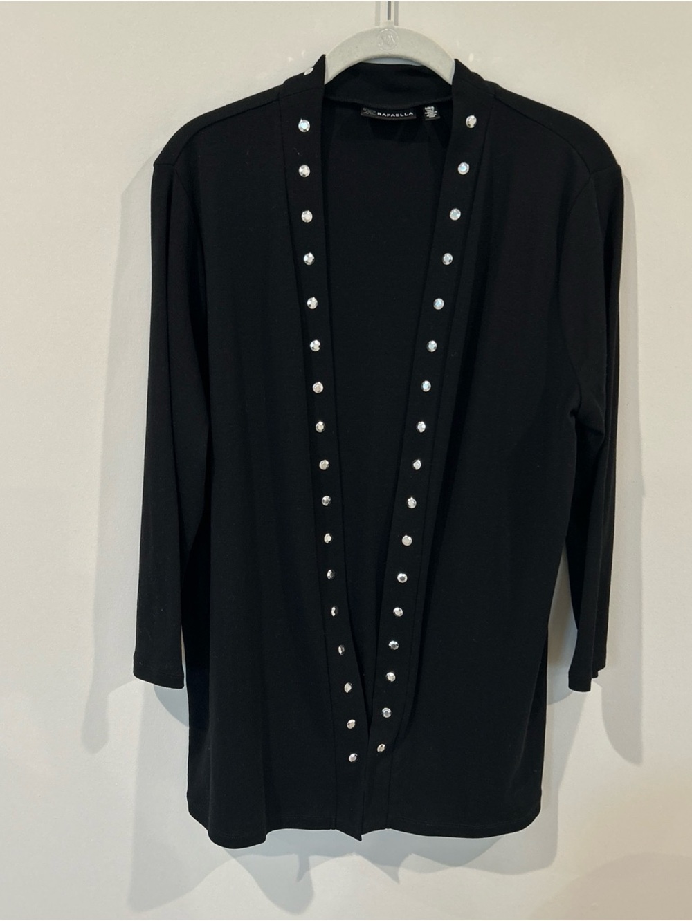 Rafaella Black Open-Front Stud Trim Cardigan Three Quarter Sleeve